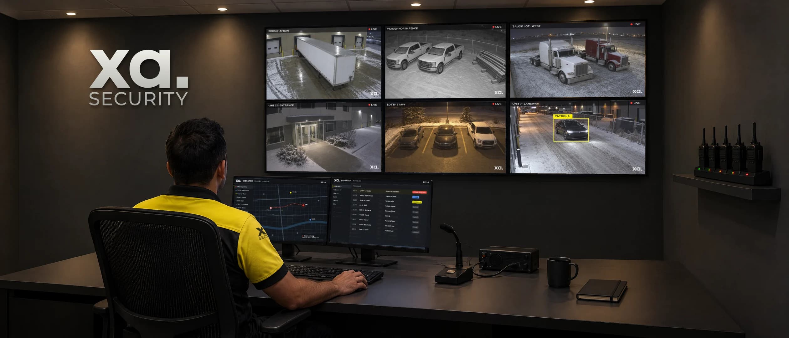 A guard in XA uniform at the Dispatch desk, a wall of live site cameras above, a guard arriving on the map