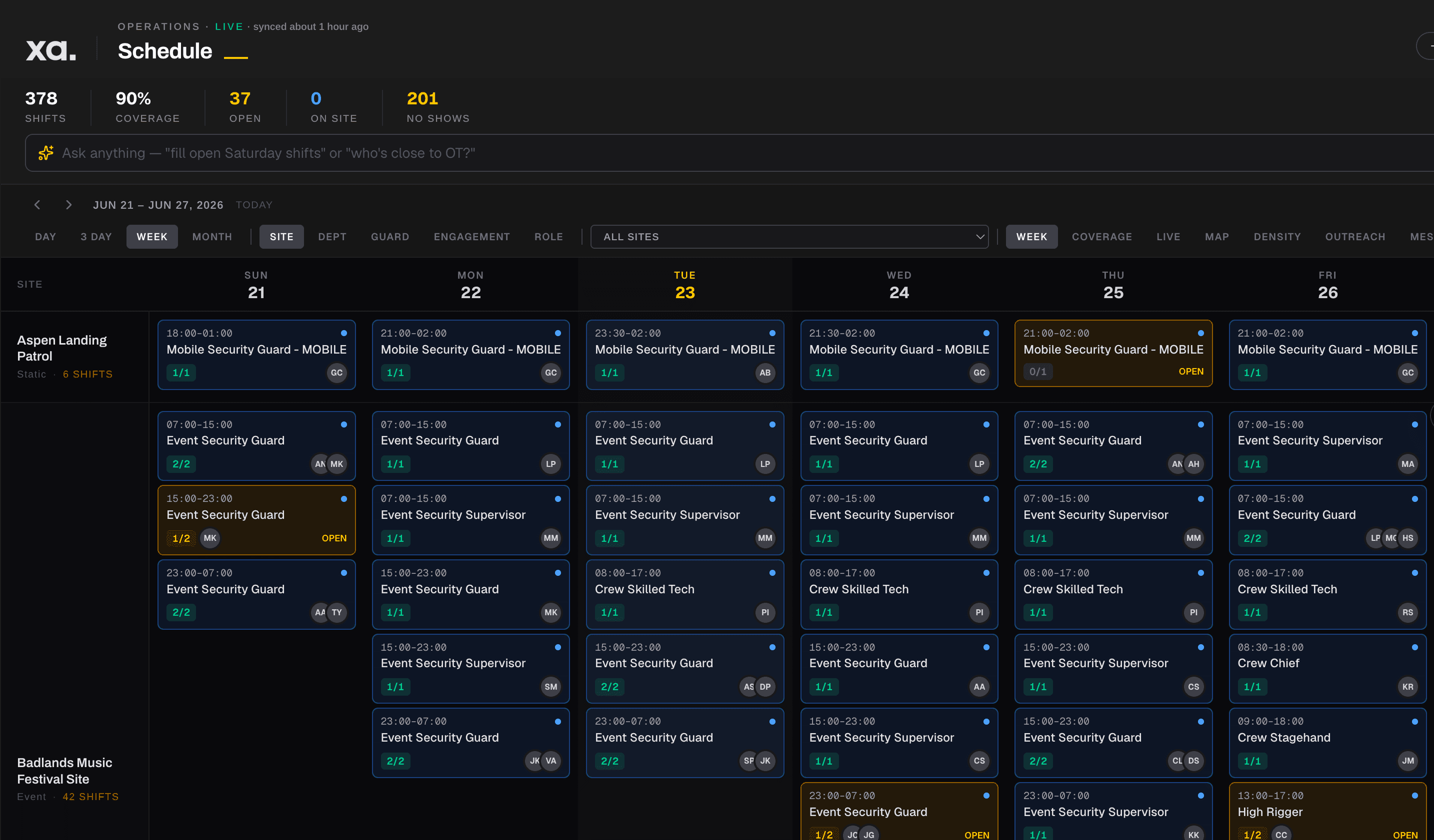XA Dashboard Schedule interface