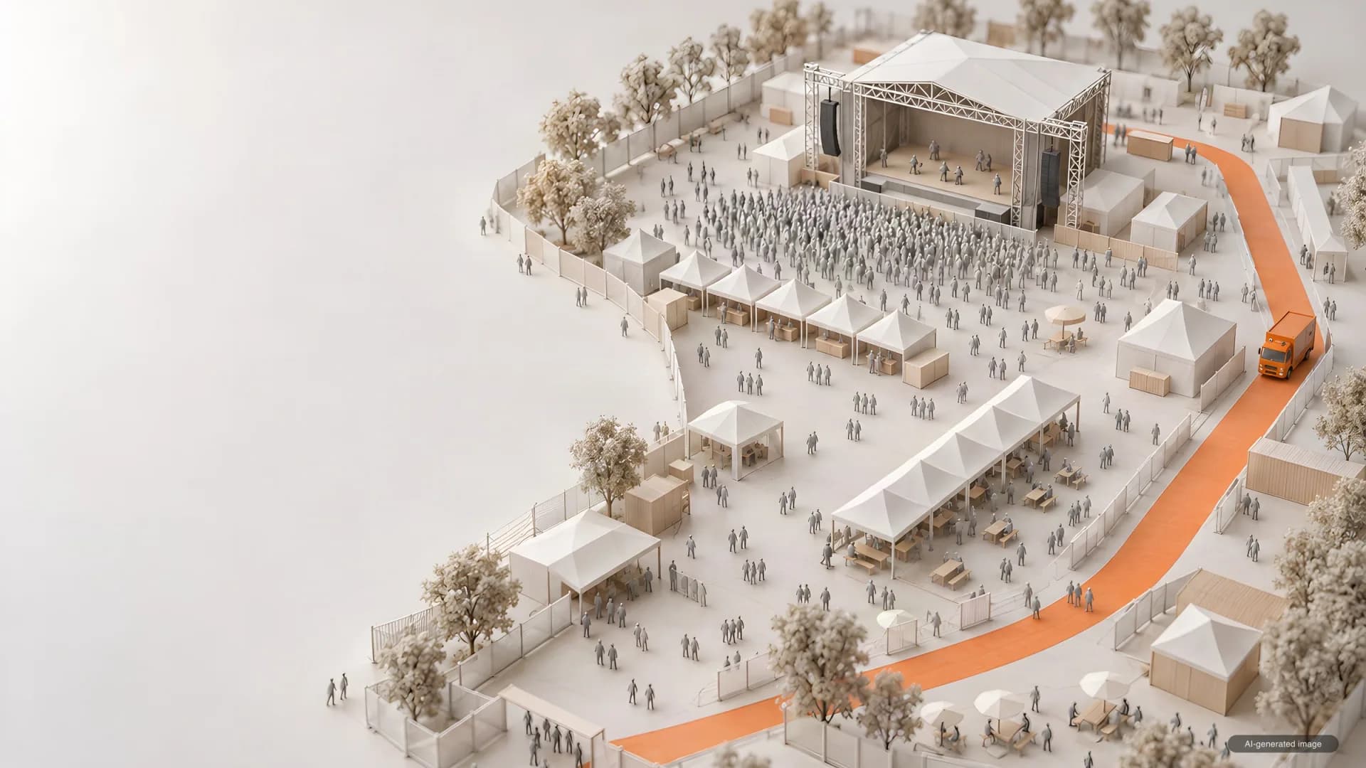 A white architectural scale model of a festival site: stage, tents, crowd and an orange emergency lane.