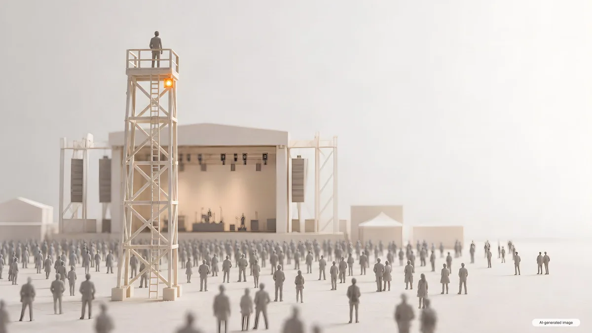 A single model figure stands on a tall scaffold tower looking over a spaced-out crowd toward a model stage.