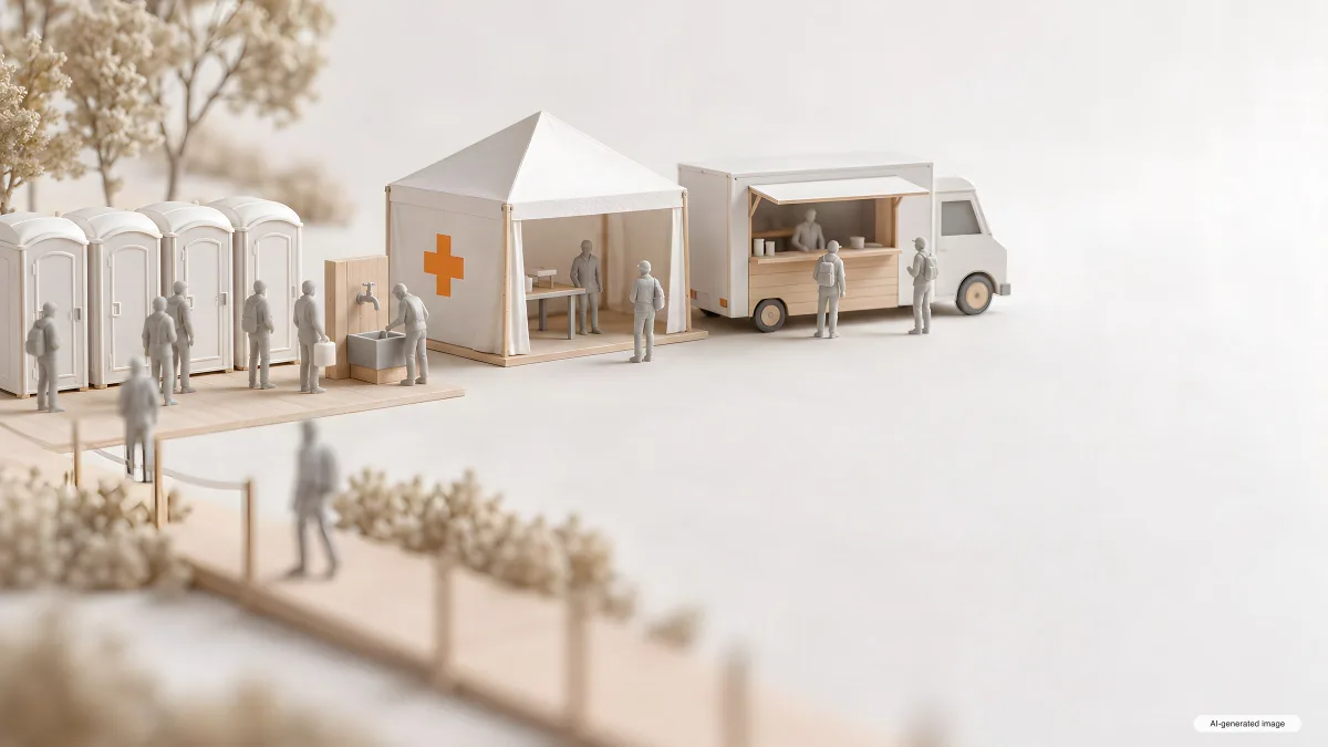 Model close-up of portable toilets, a handwashing station, a first-aid tent and a food truck, with tiny figures queuing.